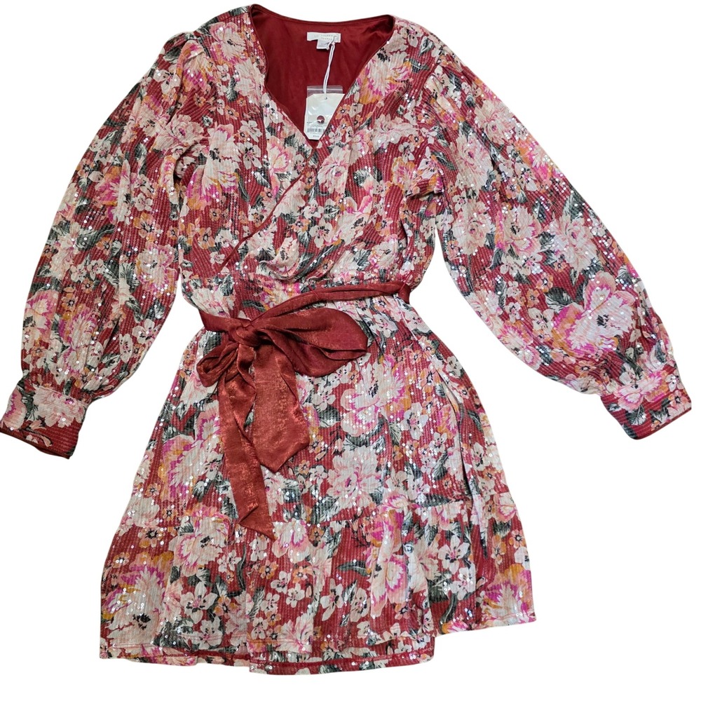 Lauren Conrad Sparkle Floral Wrap Dress Long Sleeve Sequin Red Pink size Large